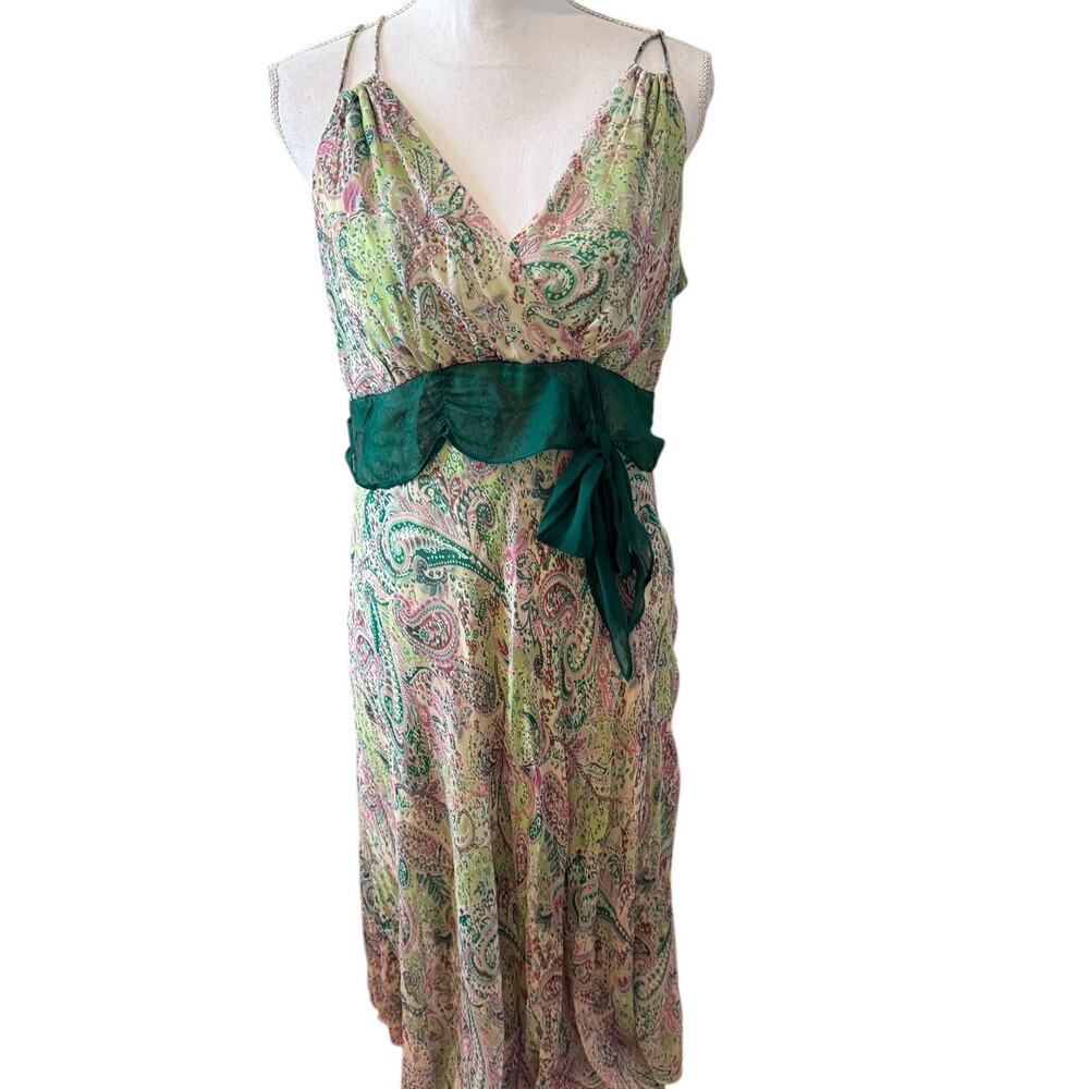 Jonathan Martin Y2K Empire Waist Silk Flutter Dress Green Paisley Print